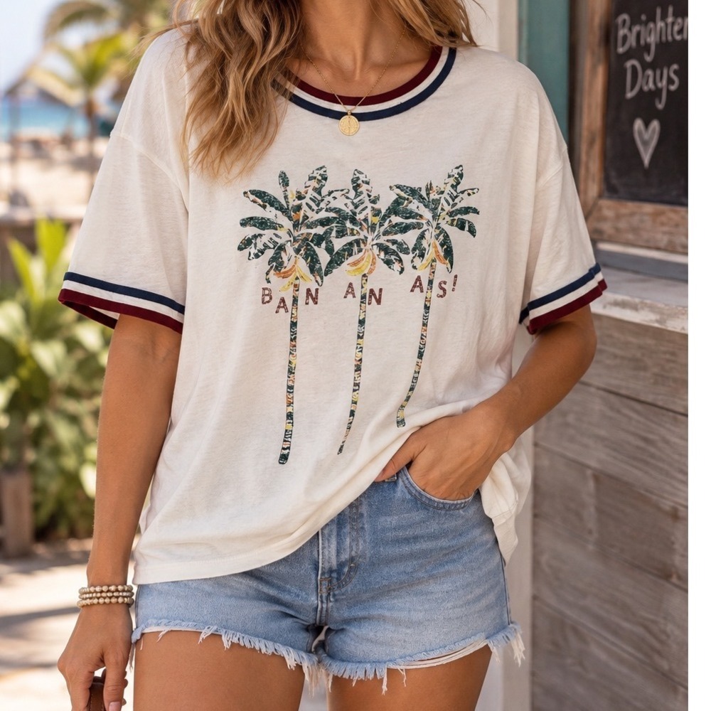 Aerie White Tropical Palm Tree Bananas Ringer Boyfriend Tee Shirt Womens Small
